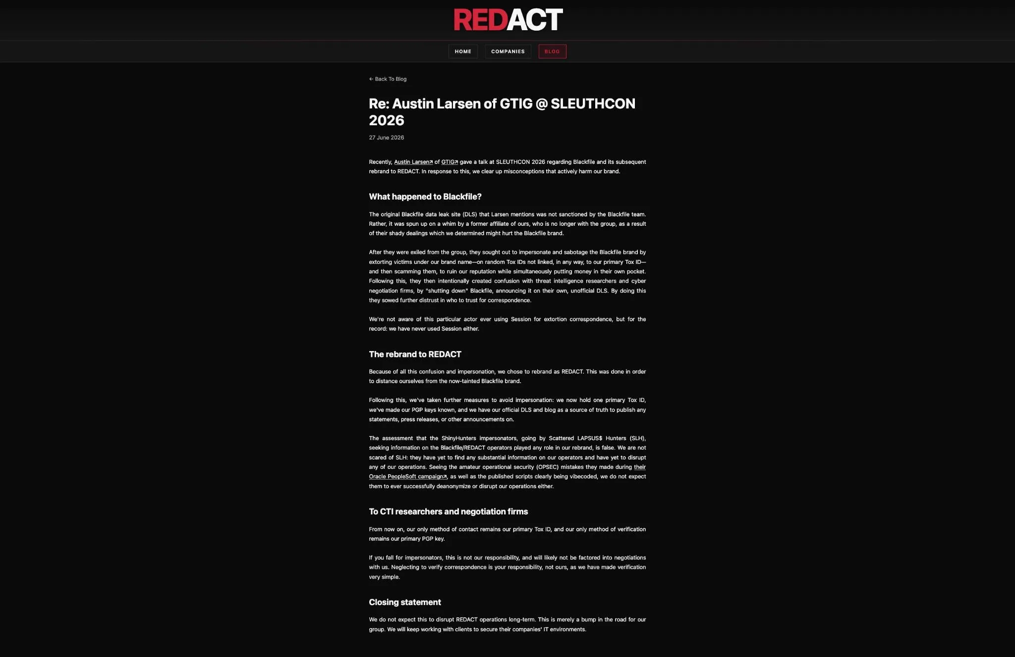REDACT's data leak site response to the SLEUTHCON talk